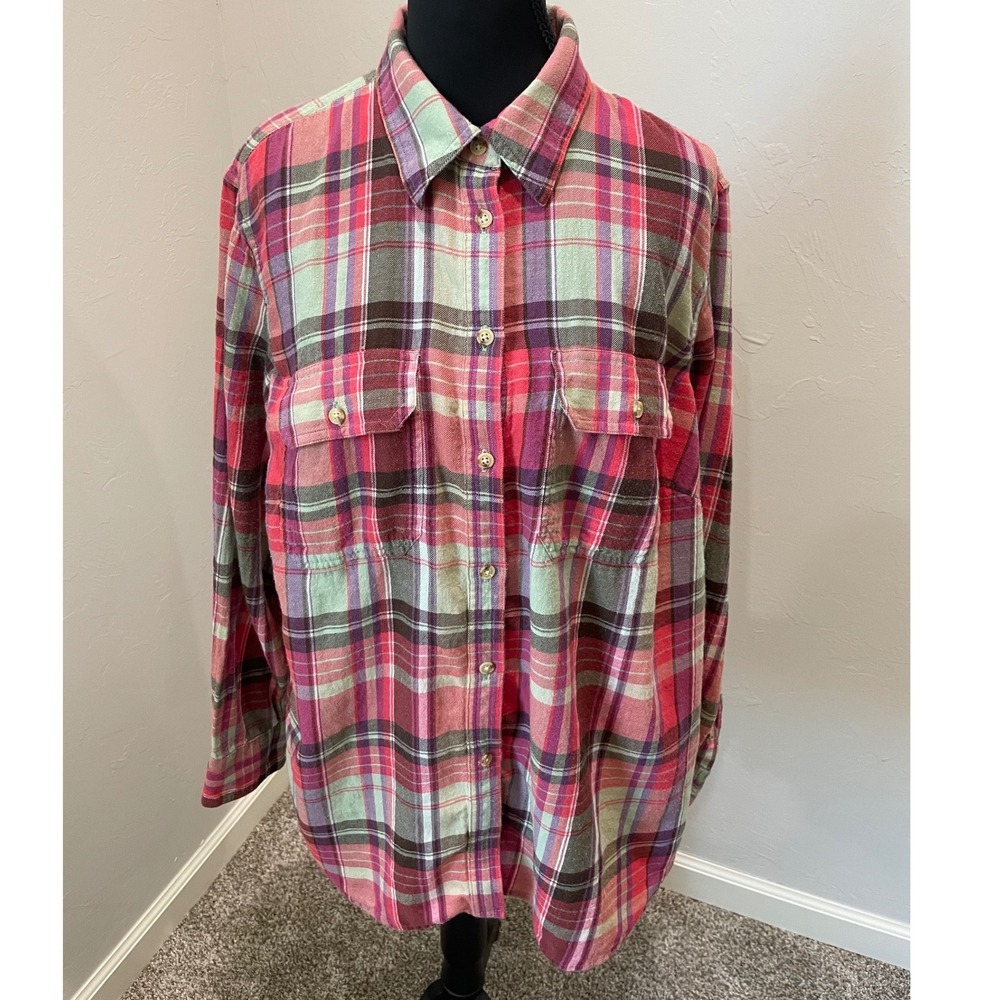 Chaps Womens 1X Plaid Flannel Shirt Pink Purple Green Long Sleeve Button Up